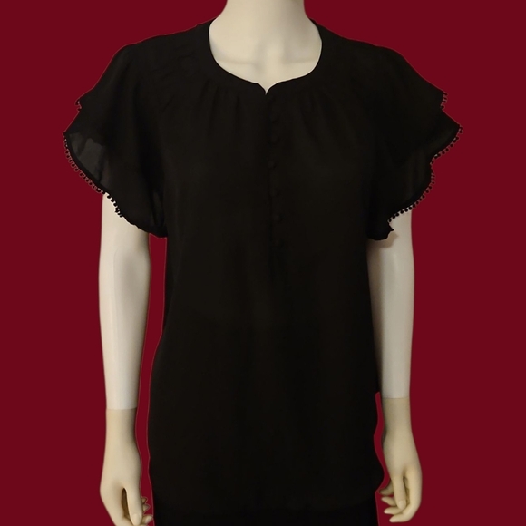 ZAC & RACHEL Black Tiered Short Sleeve Half Button Chiffon Blouse - Picture 1 of 10